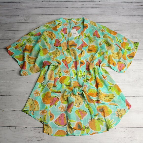 Cato Women's Beach Cover Up One Size Tropical Fruit Pineapple Sheer Cardigan - Picture 2 of 9